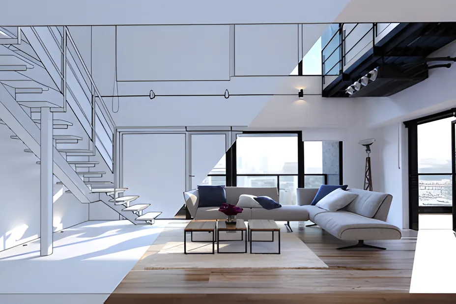 Transition from a line-drawing plan to a photorealistic 3D preview of a living room — illustrative image